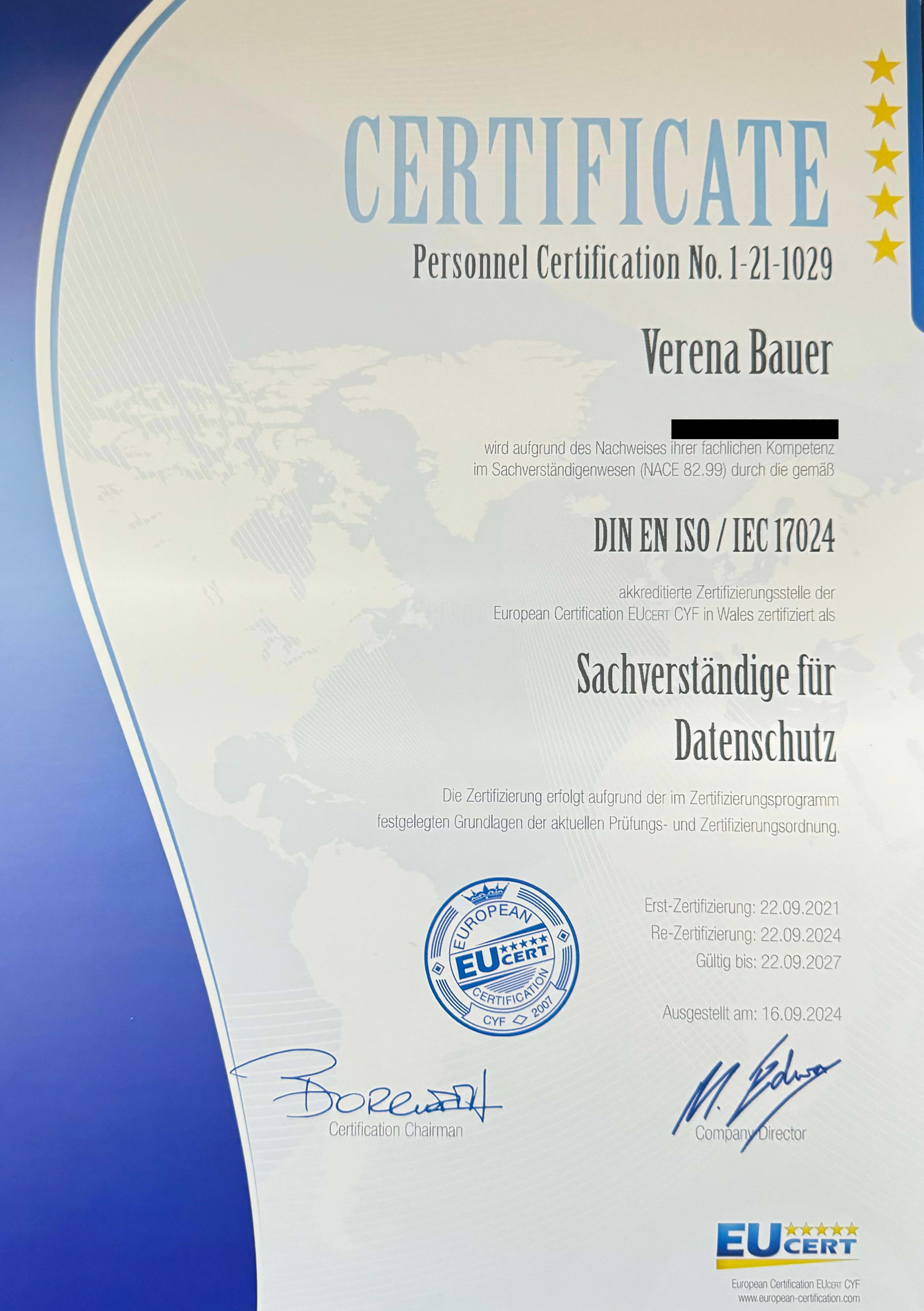 Zertifikat Sachverständige Verena Bauer